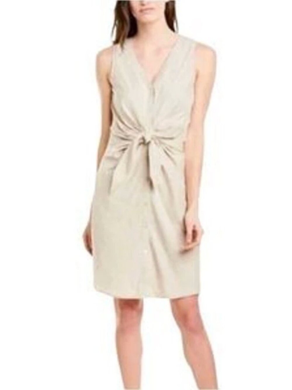 J. McLaughlin Selena Linen Button Front Sleeveless Knot V-Neck Sheath Dress, M